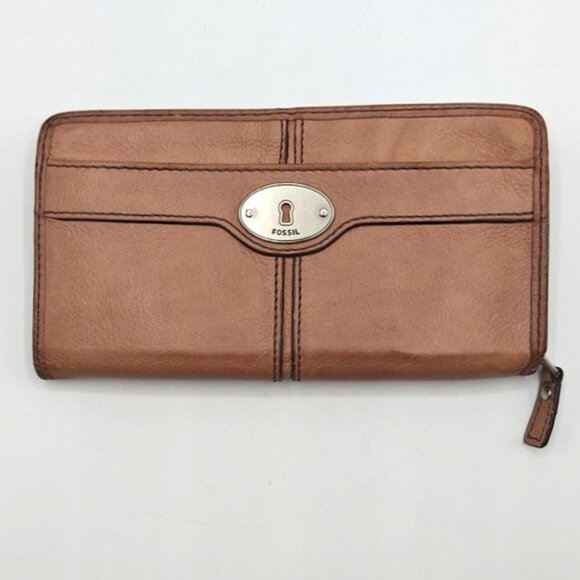 Fossil Maddox Continental Wallet Tan Leather Zip Around - Picture 1 of 8